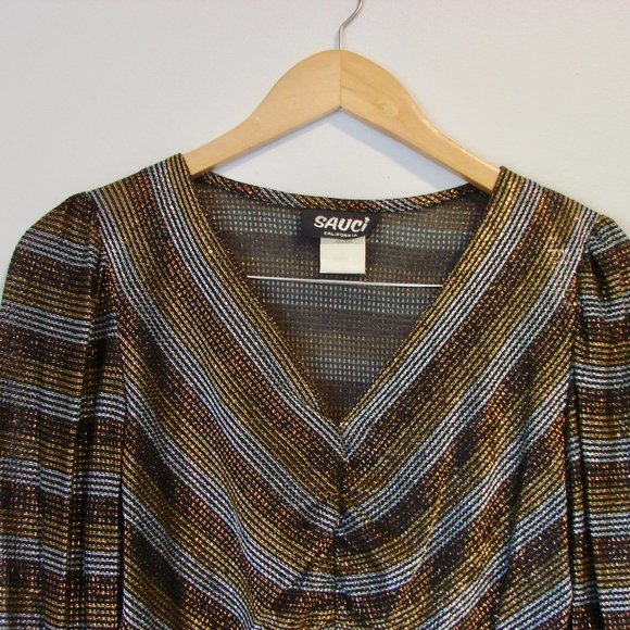 Vintage Metallic Top Shiny Sparkle Disco V-neck Ruched Top Holiday Party Medium - Picture 2 of 11